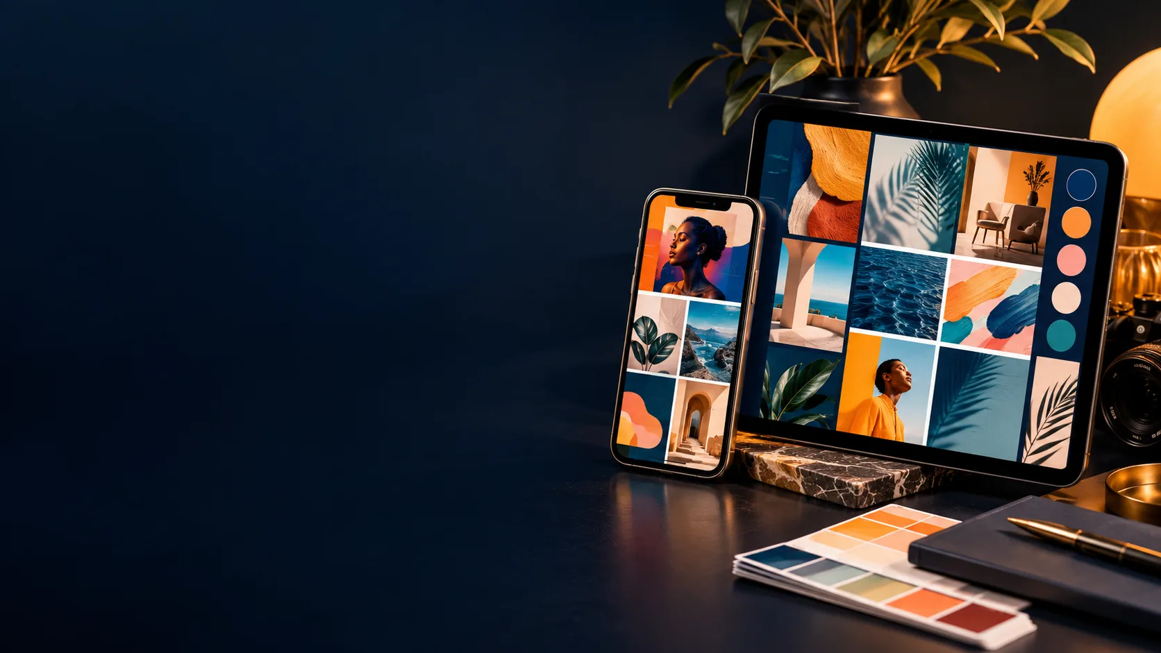 Social media graphics displayed on phone and tablet